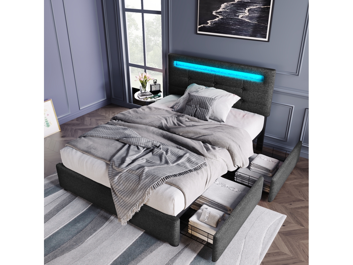 Cama Individual 90x200 Cm, Almacenamiento, Led, 2 Cajones, Cabecero Regulable, Madera Gris, Colchón No Incluido.