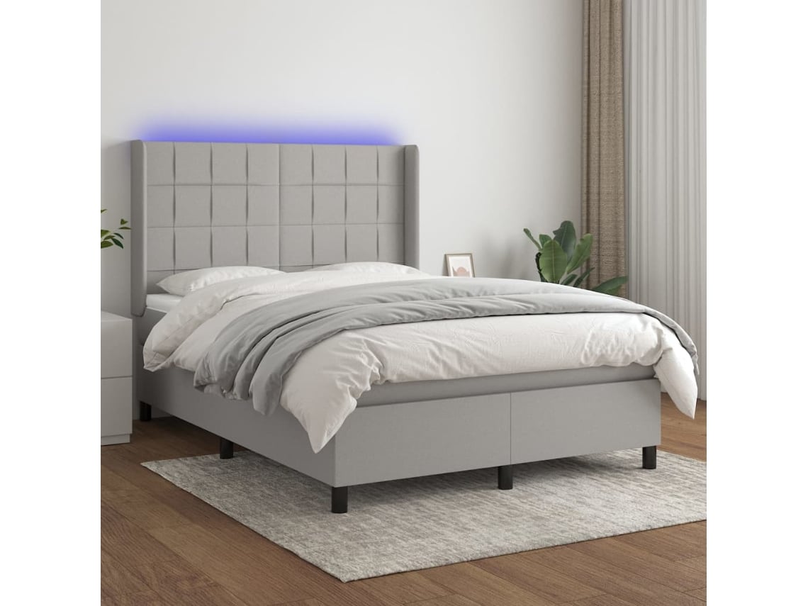 Cama Box Spring Colchón Y Luces Led Tela Gris Claro 140x200 Cm