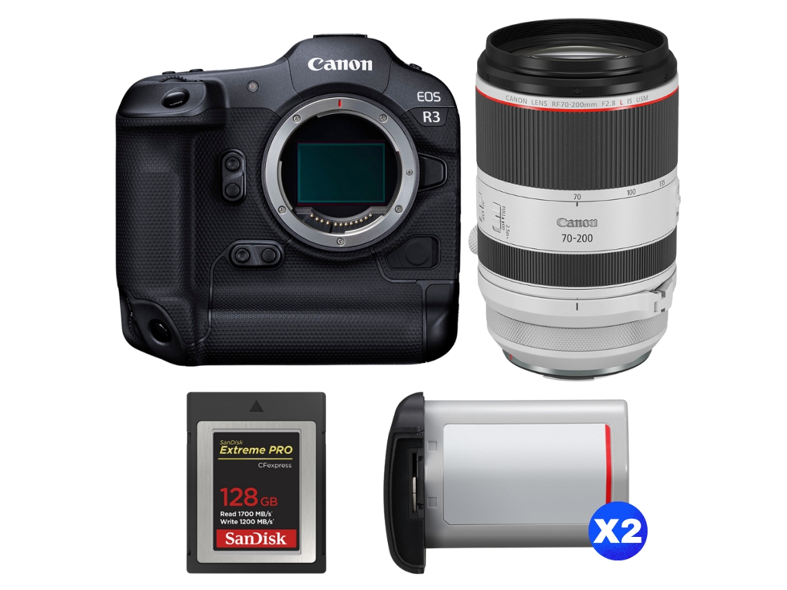 Canon Eos R3 + Rf 70-200mm F/2.8 L Is Usm + 1 Sandisk 128gb Extreme Pro Cfexpress Type B + 2 Canon Lp-e19 + Ebook Pricedirect