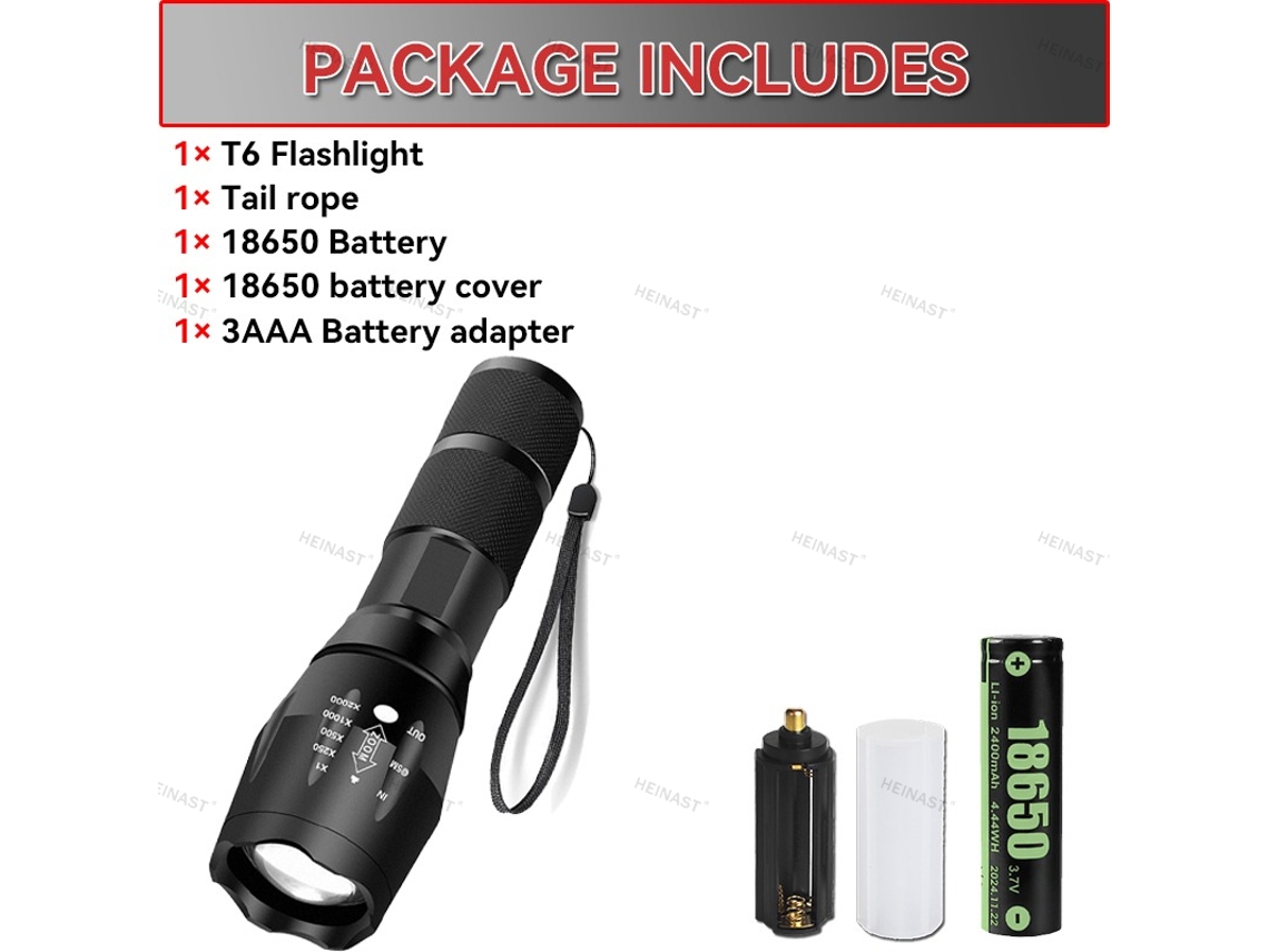 Linterna LED T6 de alta potencia, 5 modos de luz, impermeable, zoom ajustable, cuerpo de aluminio, funciona con batería externa 18650 Aeuzwr