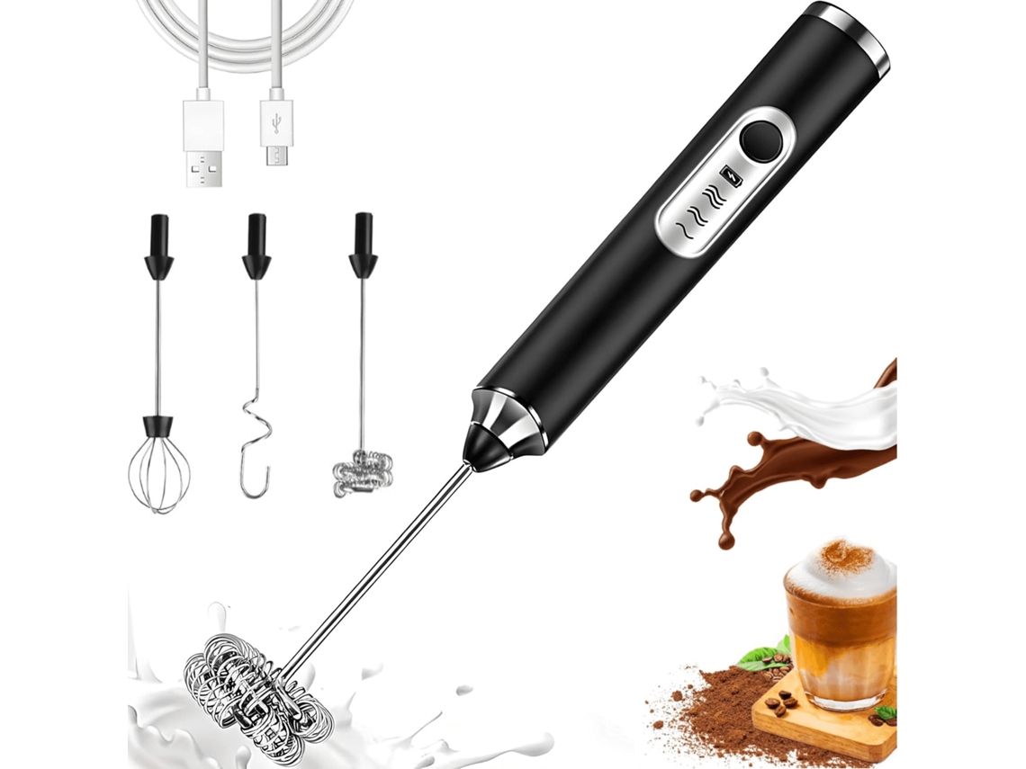 Espumador de leche eléctrico para café, con 3 velocidades y 3 varillas batidoras reemplazables, ideal para café y capuchino.