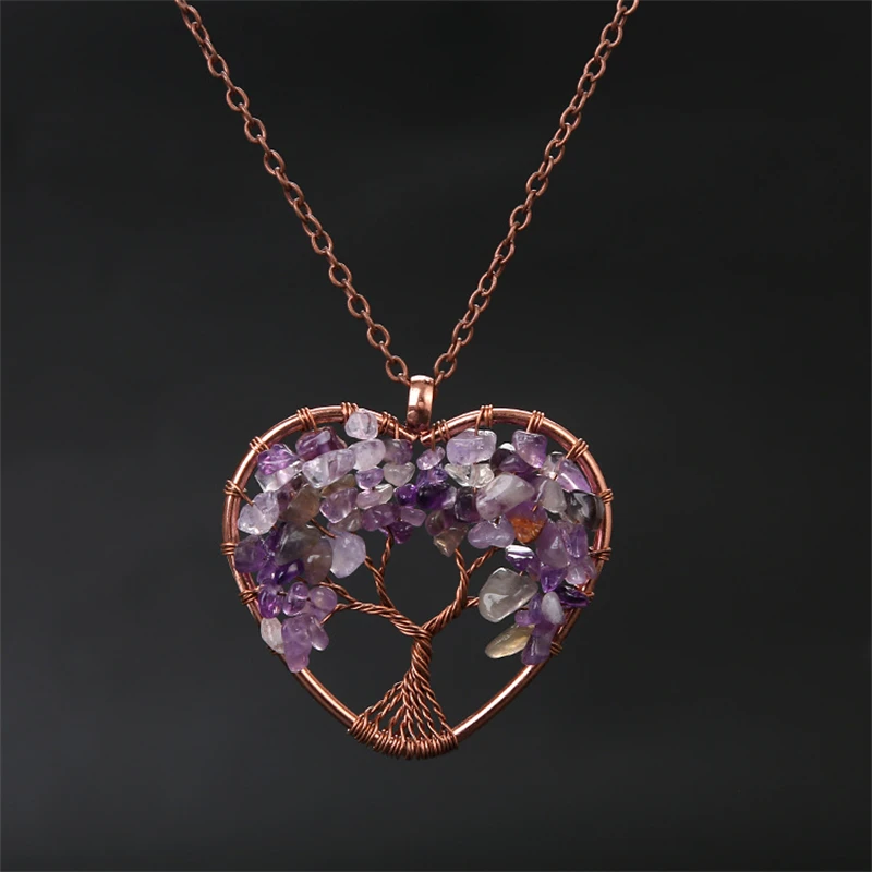 Collar Con Colgante De Amatista En Forma De Corazón Para La Sanación De Chakras, Colgante Del Árbol De La Vida.
