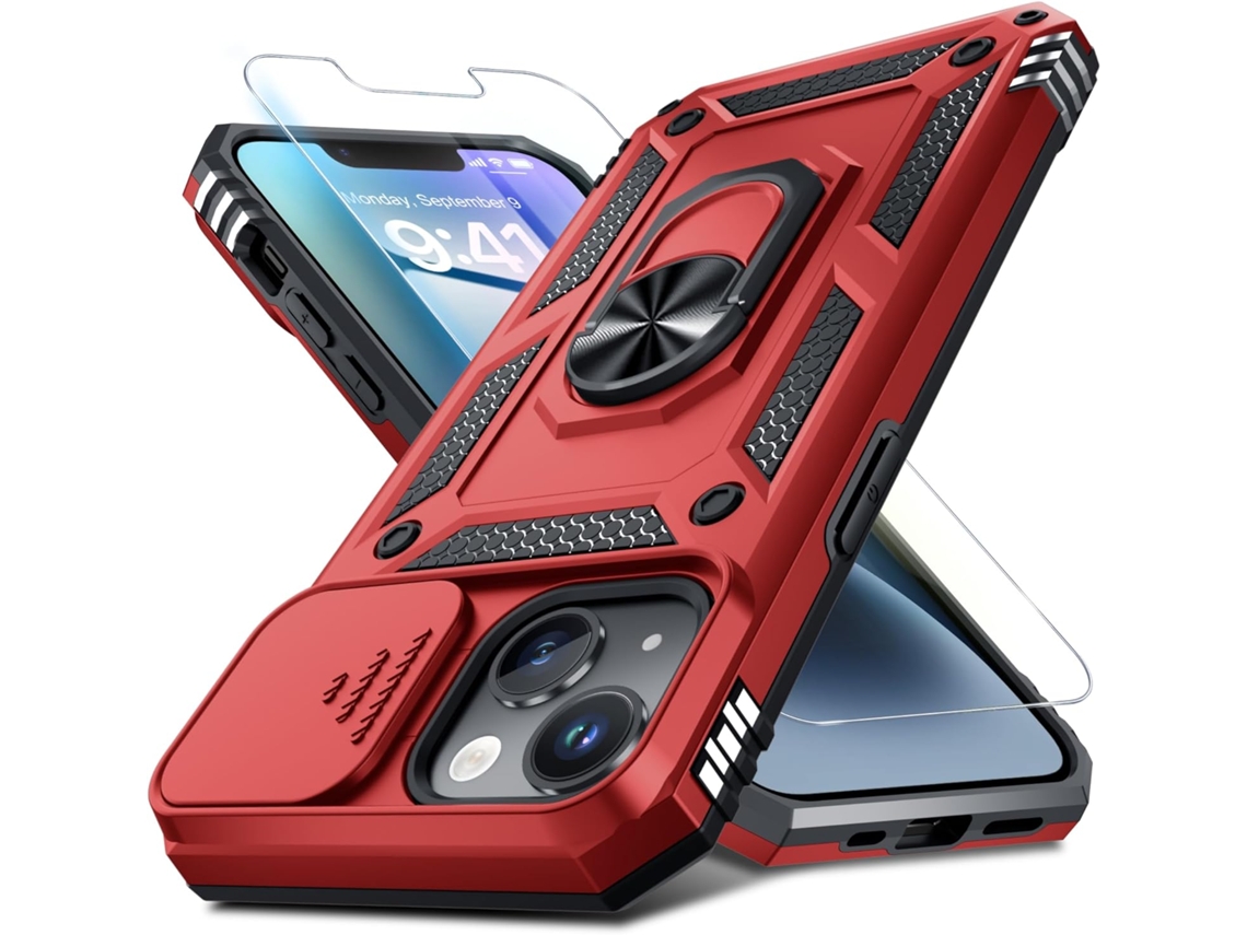 Funda protectora para la lente de la cámara del iPhone 14 Pro Max, resistente a impactos, con anillo para el dedo y soporte integrado, color rojo. AEUZWR