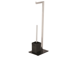 Soporte para papel higiénico Wellhome con cepillo, de pie, en acero inoxidable y cristal negro.
