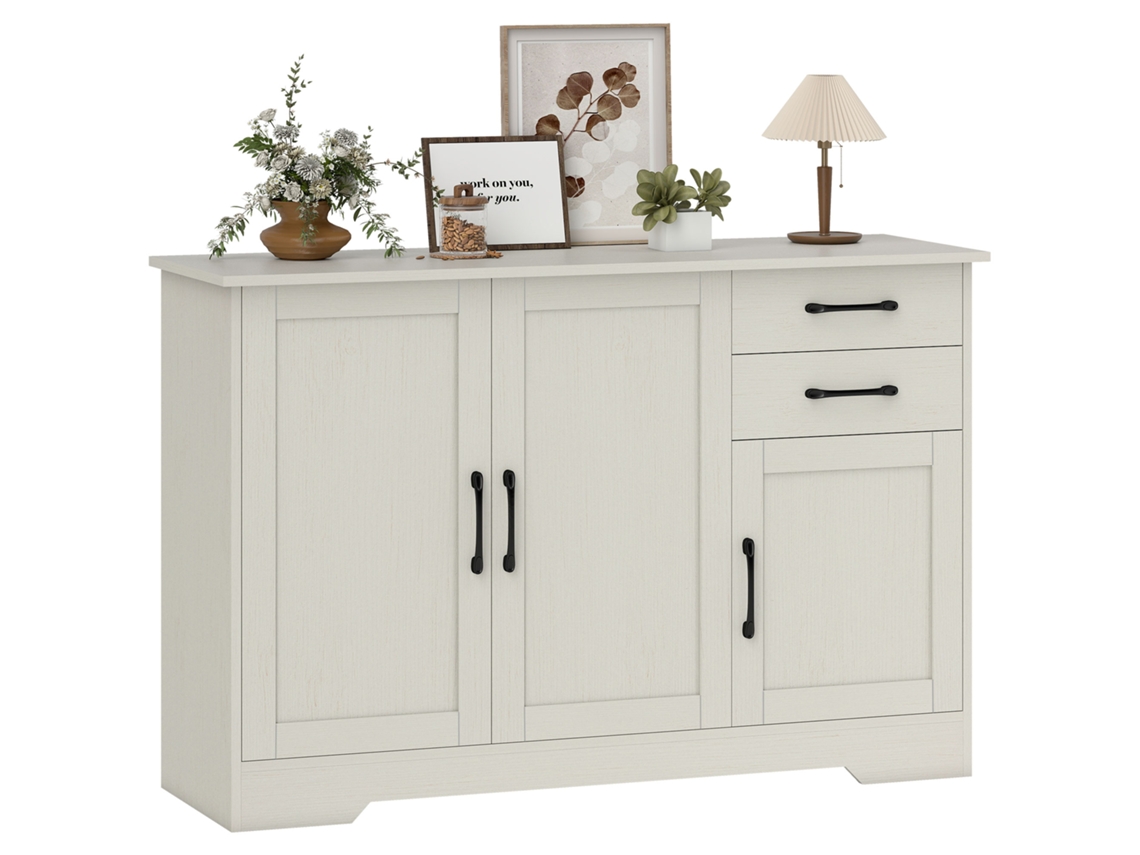 Aparador blanco con efecto madera, 120x38x79cm, moderno, 3 puertas, 2 cajones, estante ajustable para comedor.