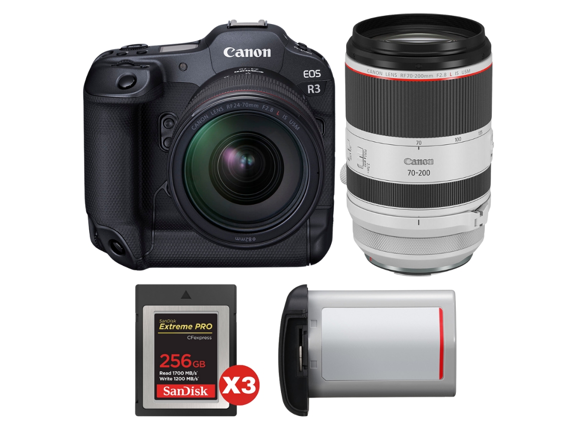 EOS R3 + RF 24-70 mm F/2.8 L IS USM + RF 70-200 mm F/2.8 L IS USM + 3 tarjetas Sandisk Extreme Pro de 256 GB Cfexpress Tipo B + Canon LP + Libro electrónico Pricedirect CANON