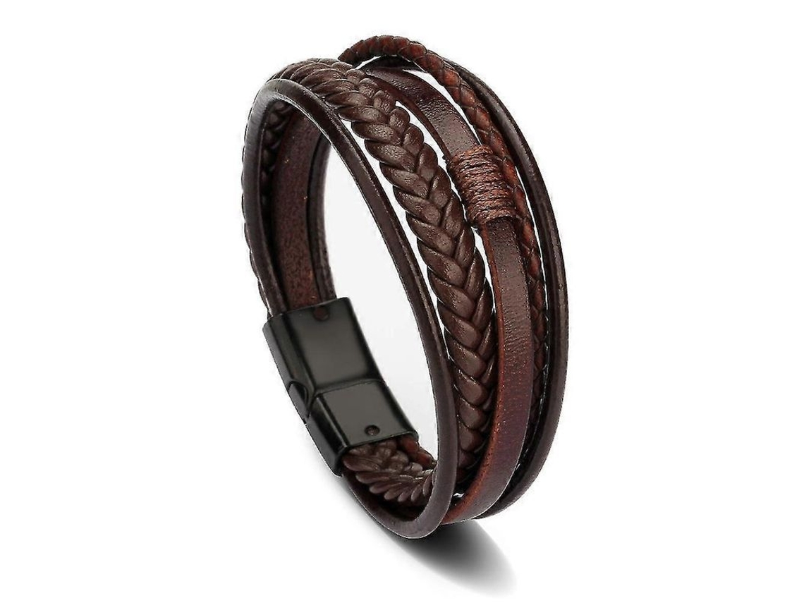 Pulsera De Cuero Para Hombre Con Cierre Magnético, Capas Tejidas, Cuero Genuino.