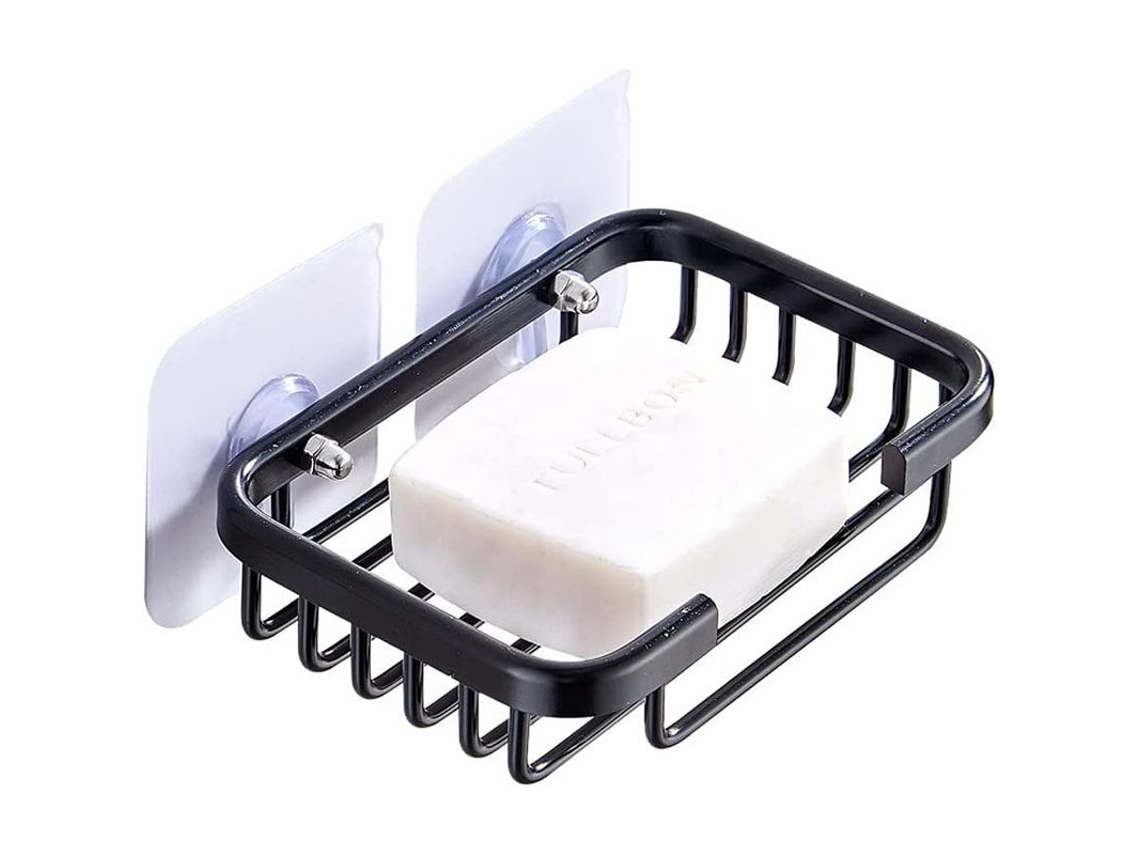Jabonera Autoadhesiva De Pared Sin Necesidad De Taladrar, De Aluminio Espacial Con Bandeja Recogegotas Negra.