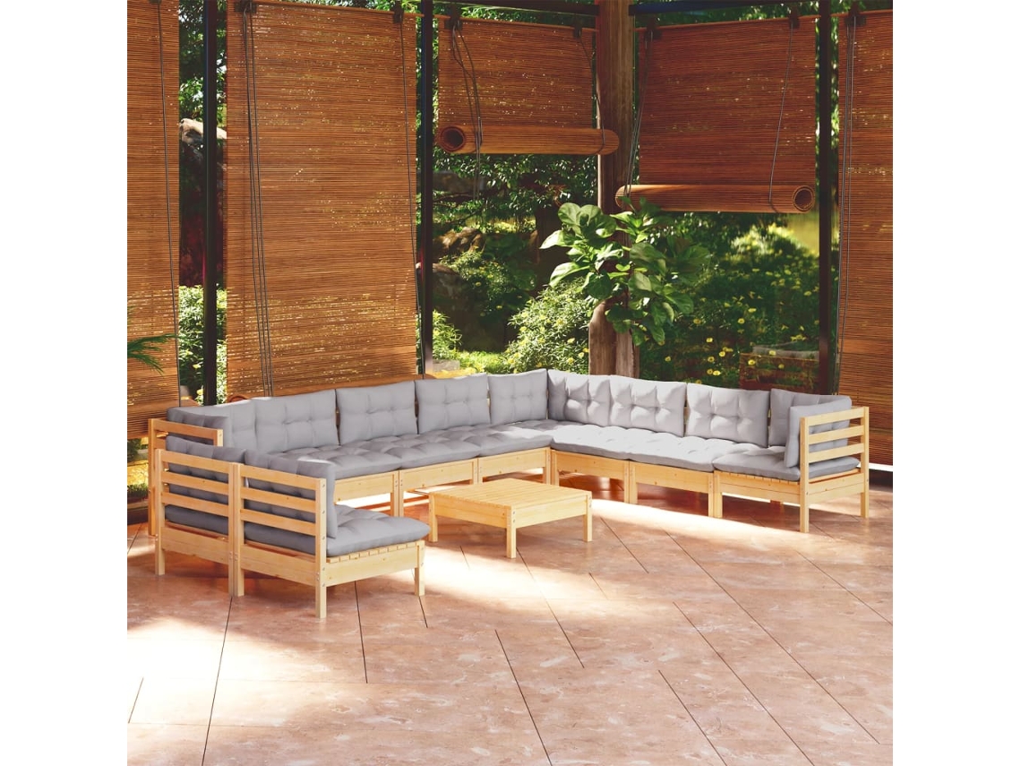 Conjunto de salón de jardín de 11 piezas con cojines grises en pino macizo DKD Home Decor
