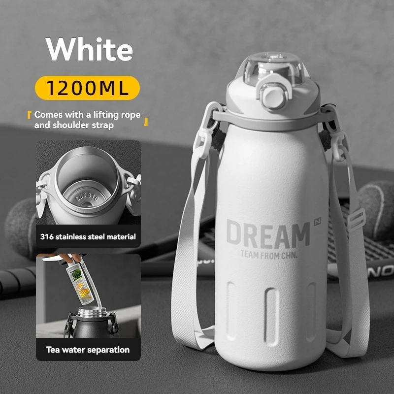 (blanco, 1200 Ml) Taza Isotérmica De Acero Inoxidable 316, Taza Deportiva Portátil, Con Pajita