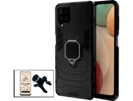Kit Cristal Templado CeramicGlass Full Cover, Funda 3x1 Miltary Defender y Soporte Magnético de Coche Reforzado Samsung Galaxy A42 5G PHONECARE Negro