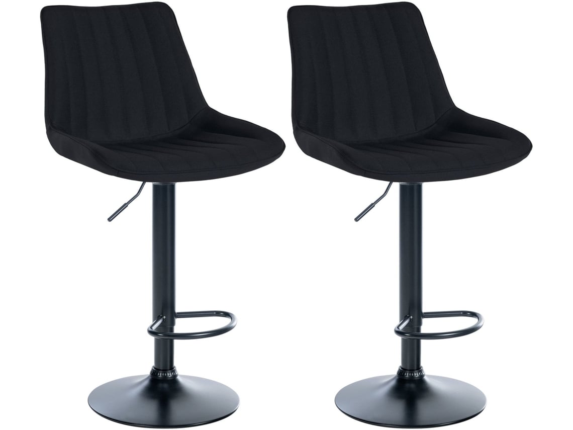 Juego de 2 taburetes de bar regulables en altura, giratorios 360°, asiento de tela negra, costuras verticales, patas de metal negro 10_0006408