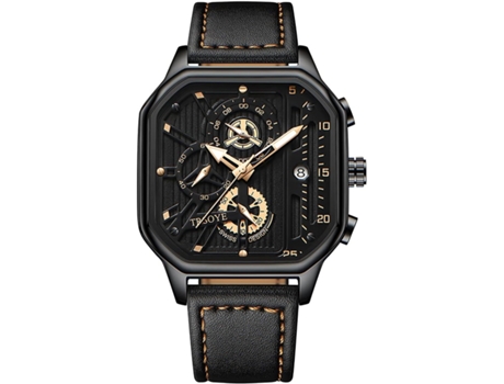 VEANXIN Reloj de pulsera cuadrado resistente al agua de cuero completo dorado para hombre-Oro negro