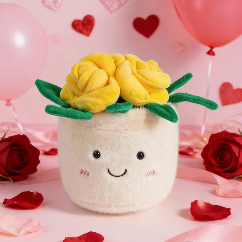 (rosa Amarilla, 15-20 Cm) Peluche De Flor Artificial, Muñeca De Planta Verde