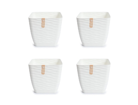 Set de 4 Macetas Decorativas Cuadradas 13 cm con Platos Integrados. Blanco Roto ARECA