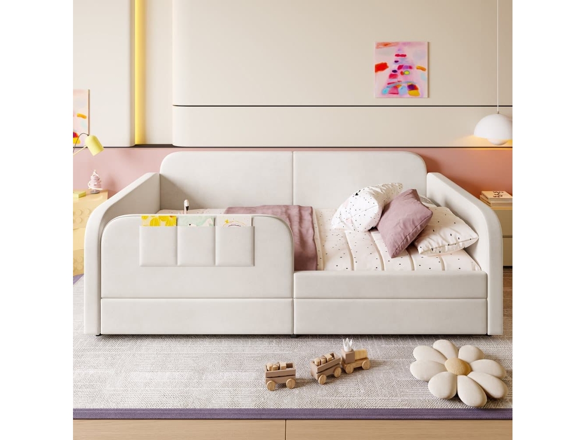 Cama Multifuncional 90x200cm - Sofá Cama Con 3 Bolsillos, 2 Cajones, Estructura Metálica - Blanco