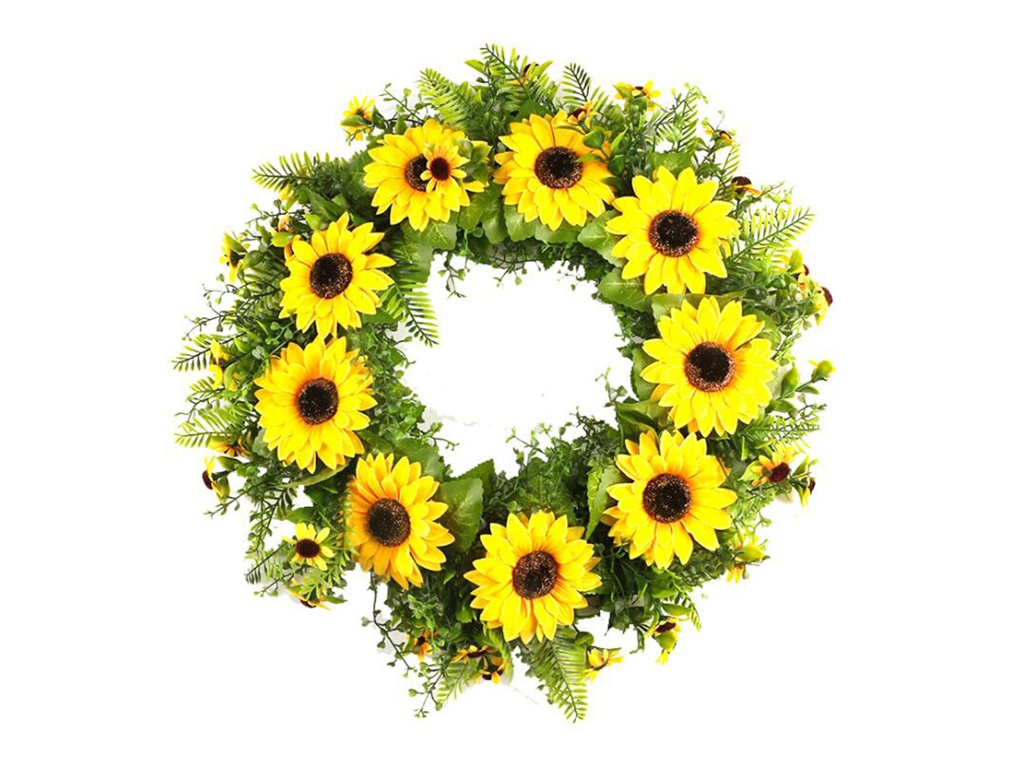 Corona de girasol artificial amarilla para decoración del hogar.