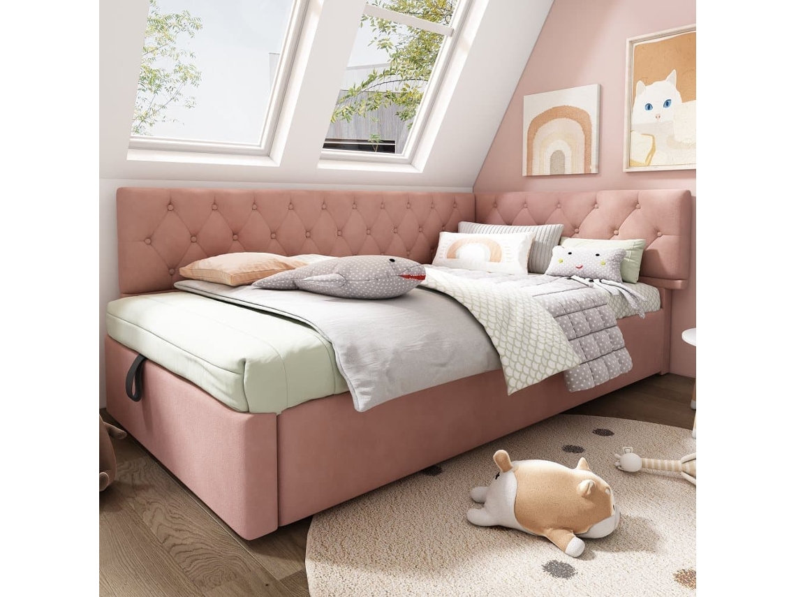 Cama Polsterbett 90x190 Cm - Sofá Cama Con Almacenamiento Hidráulico, Estructura De Madera, Terciopelo, Rosa