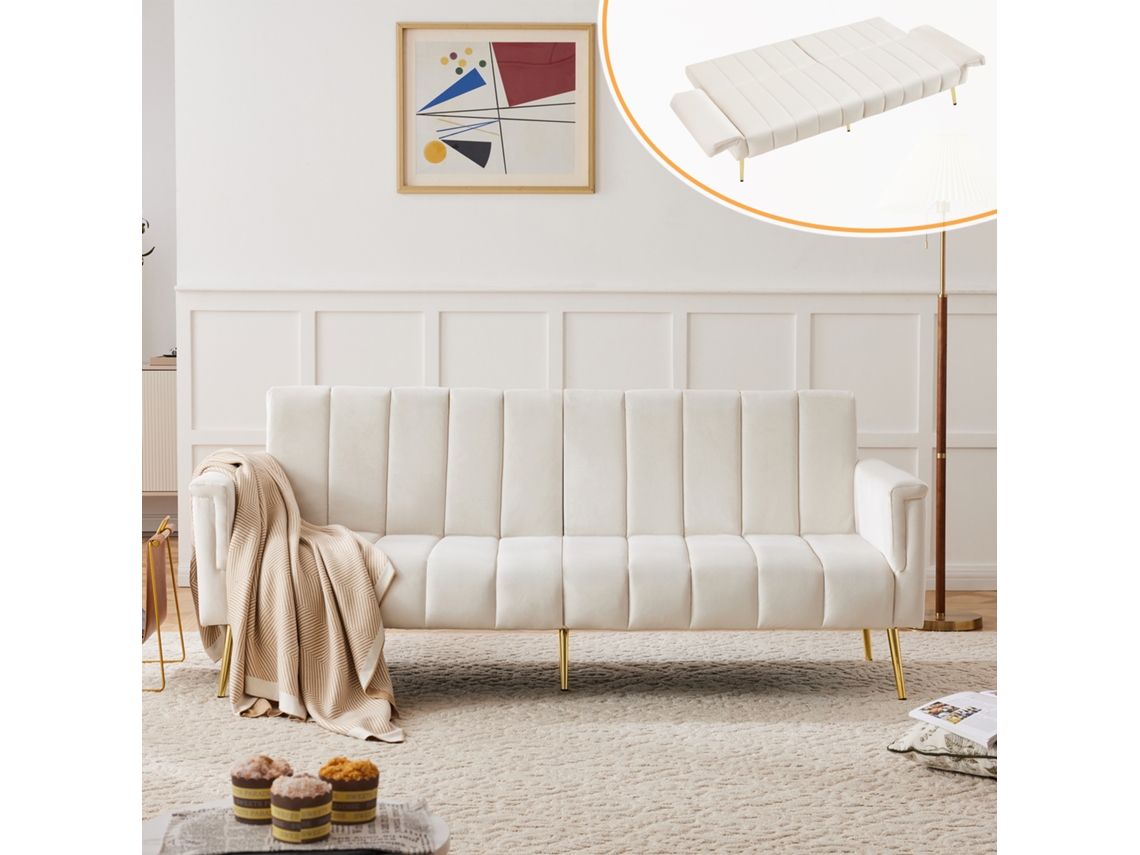 Sofá Cama Plegable, Respaldo Con 5 Ángulos Ajustables Independientes, Pata De Apoyo, Tejido De Terciopelo, Color Beige