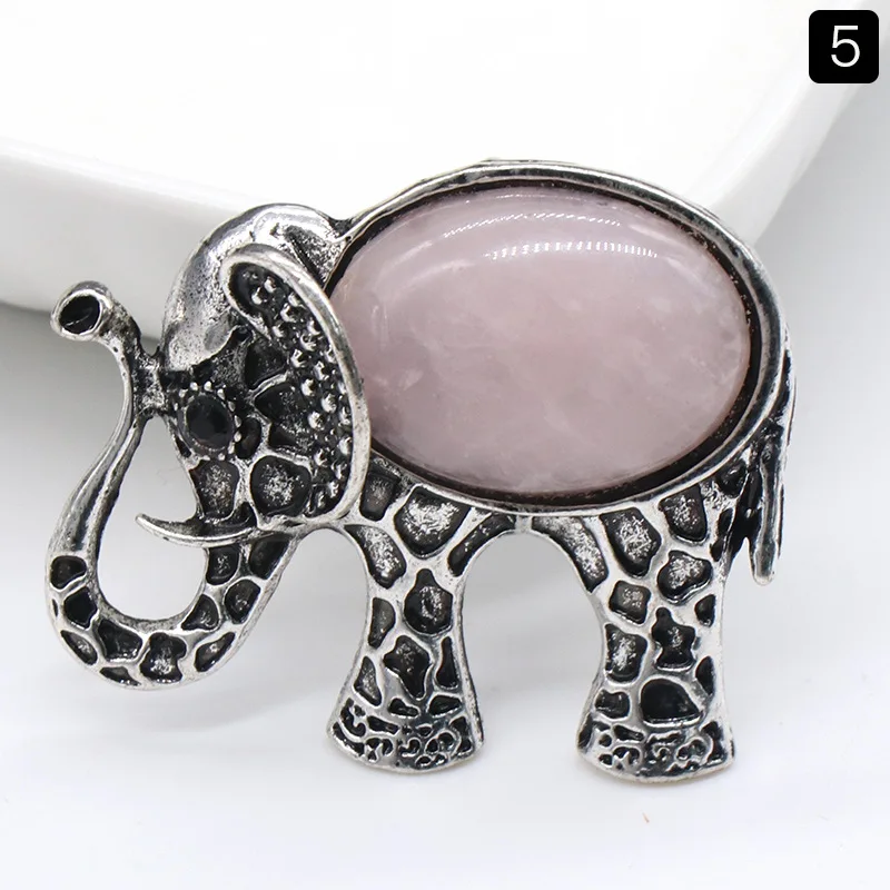 Collar Con Colgante De Elefante De Cristal Natural (cuarzo Rosa), Broche De Elefante Vintage