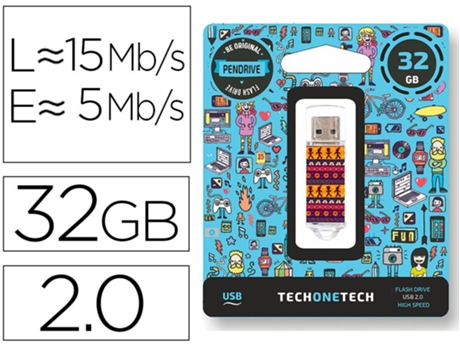 Tech1Tech Tec4013-32 Memoria Usb 32Gb Usb Tipo-A 2.0 Azul Naranja Rojo Transparente