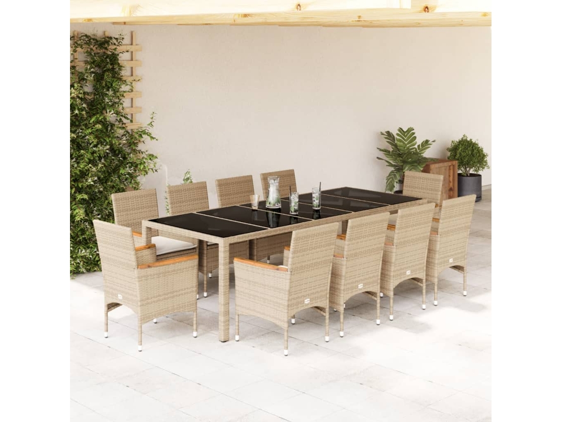 Juego de comedor de jardín de 11 piezas con cojines, mimbre PE/vidrio beige, Dkd Home Decor