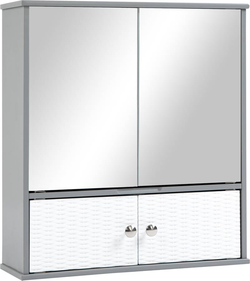 Armario de Baño con Espejo Colgante Mueble de Baño con 4 Puertas Y 3 Estantes Interior KLEANKIN (Blanco Y Gris -55X17.5X60 Cm)