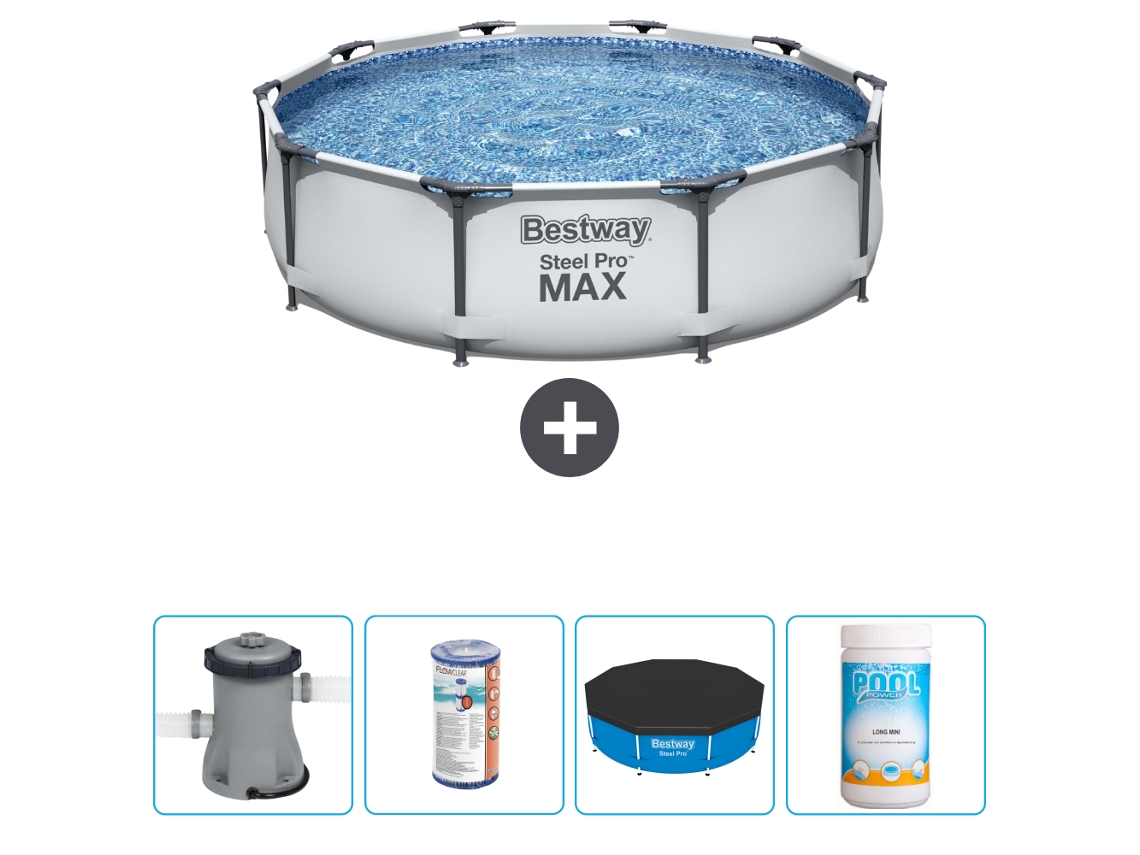 Piscina BESTWAY Round Steel Pro MAX - 305 x 76 cm - Gris - Bomba incluida Filtrar - Cubrir - Cloro