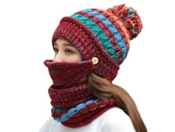 Conjunto de gorro de tricô 3 em 1 Jinwei para mulheres e meninas, gorro de inverno quente com forro de lã e pompom.