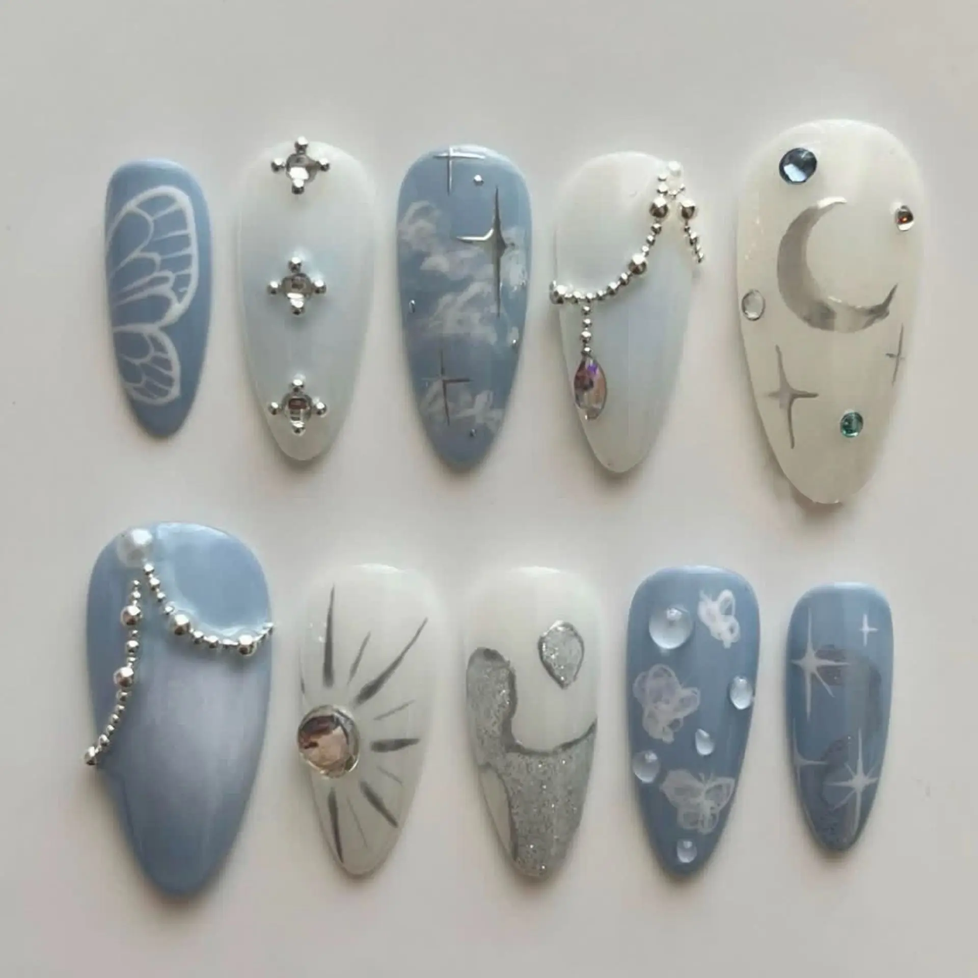 (xm570-s) 10 Puntas De Uñas Cortas Almendradas Hechas A Mano