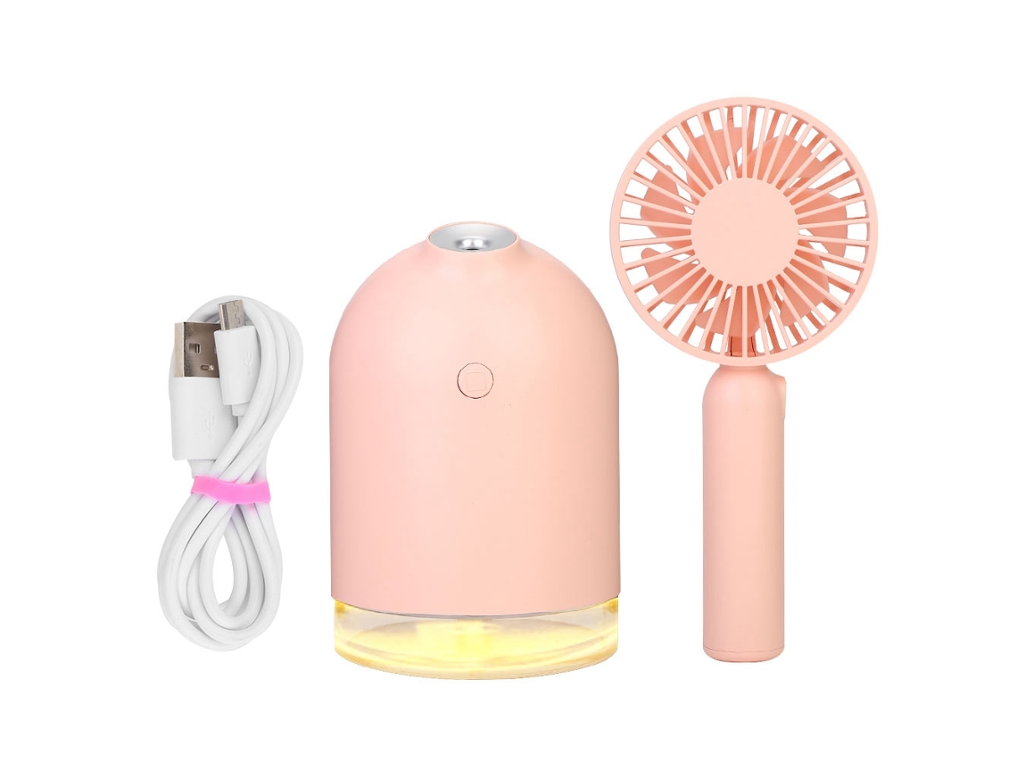 Humidificador de aire portátil con carga USB, ventilador desmontable y luz nocturna rosa.