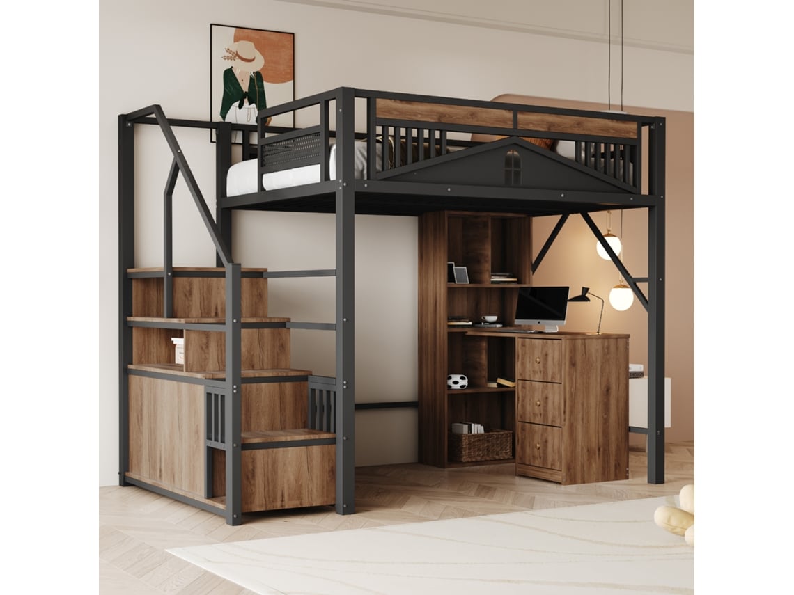 Cama Alta De Metal Negro De 140x200 Cm, Con Sistema De Seguridad, Ventana, Escalera Y Espacio De Almacenamiento.