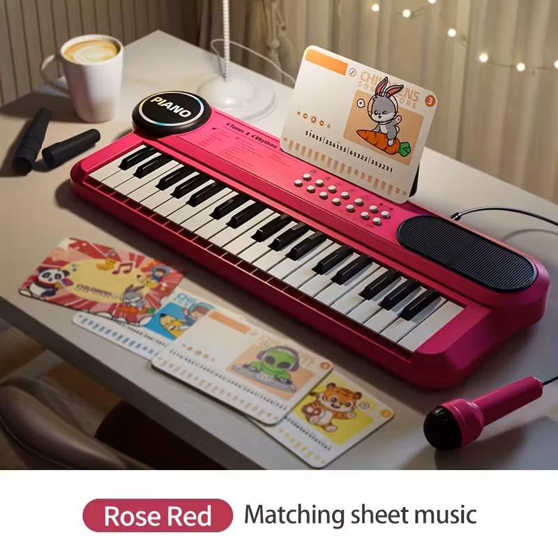 Teclado eléctrico portátil Eifson de 37 teclas para niños con micrófono y atril (rojo)