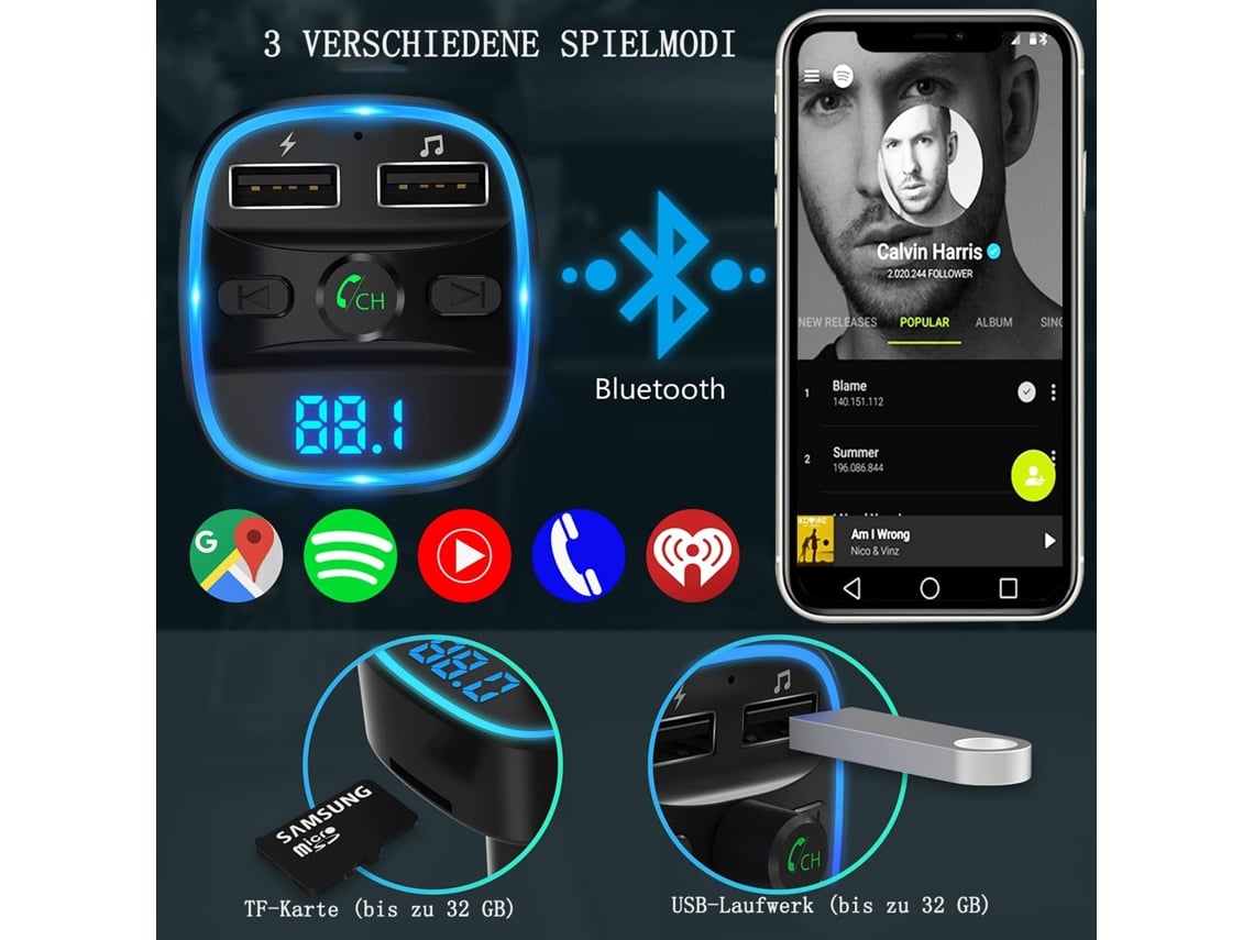 Manos libres FM Bluetooth para coche 2 USB