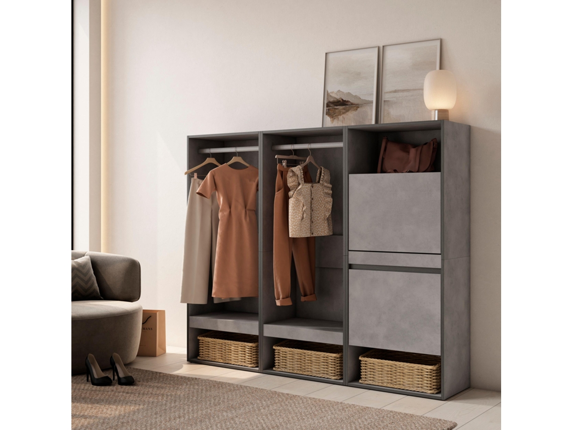 Vestidor abierto, 180x145x35 cm, Dormitorio, habitación, Zapatero, Cemento SKRAUT HOME