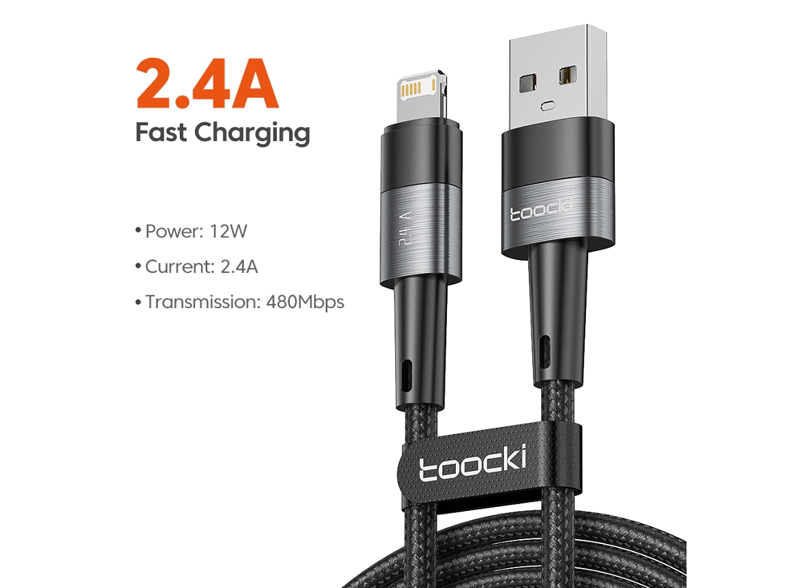 Cable USB para iPhone 14/13/12 Pro Max/X/XR/XS/SE/7/8 Plus/iPad, carga rápida de 2.4 A, USB A a Lightning, color gris