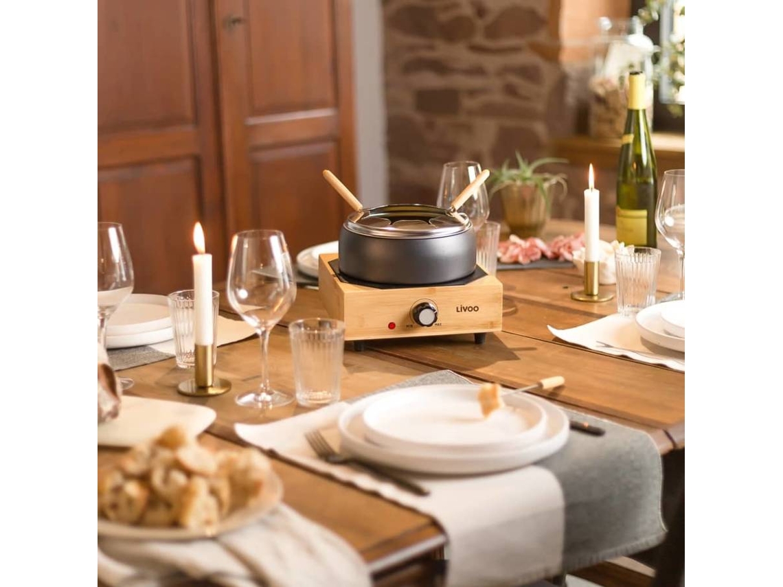 Livoo Olla de fondue para 8 personas negro y madera 2 L 800 W