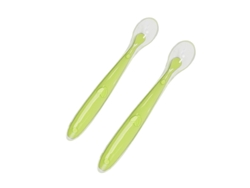 Dos cucharas de silicona suave para bebés y una caja de PP transparente. Facilitan el aprendizaje de la alimentación. MDUG (verde).