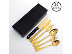 (juego De 24 Piezas - Dorado) Juego De Cubiertos De Acero Inoxidable Estilo Chino Chapado En Oro, Cuchillo, Tenedor Y Cuchara.