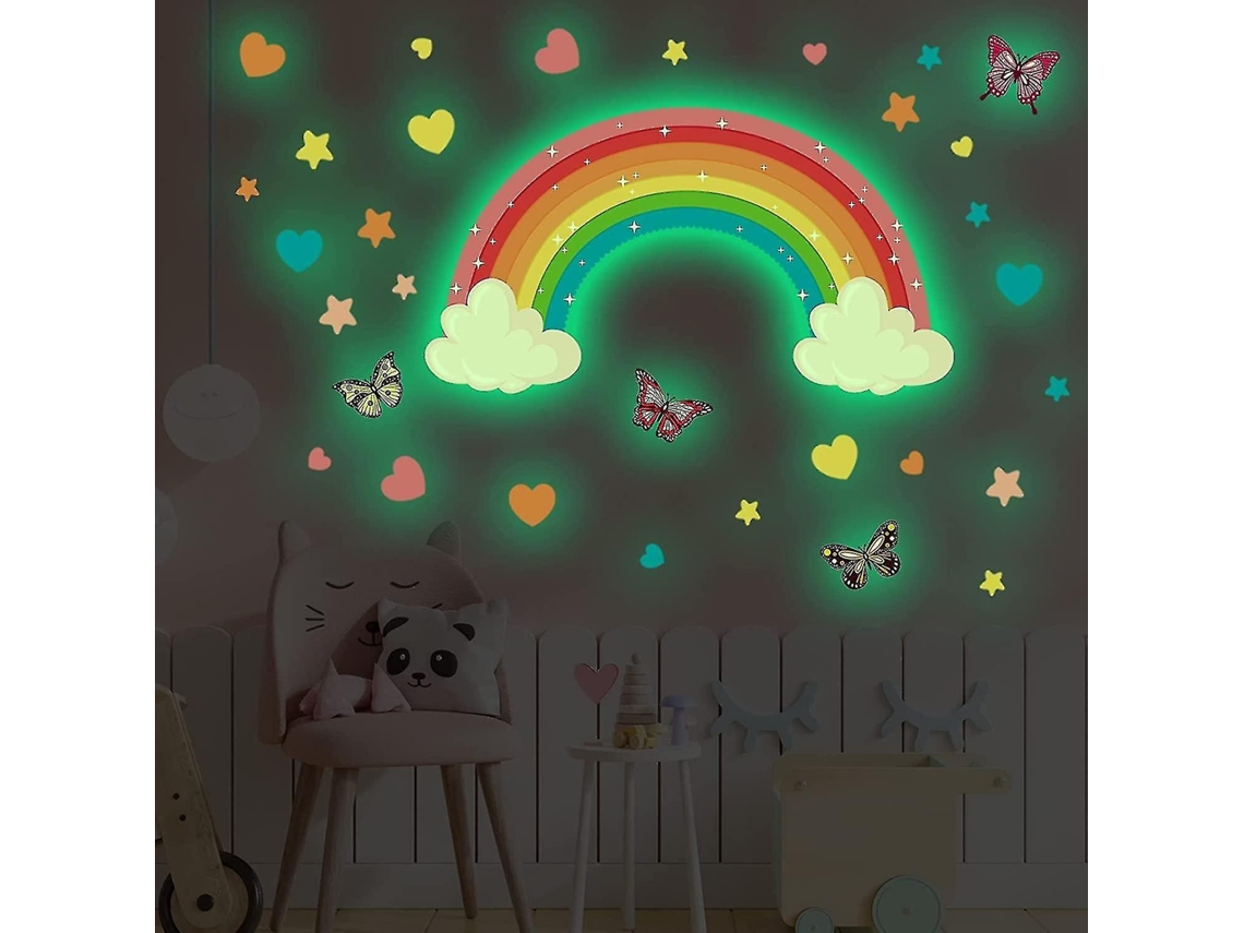 Pegatinas de pared que brillan en la oscuridad con diseño de arcoíris, pegatinas luminosas de arcoíris y corazones para paredes y techos.