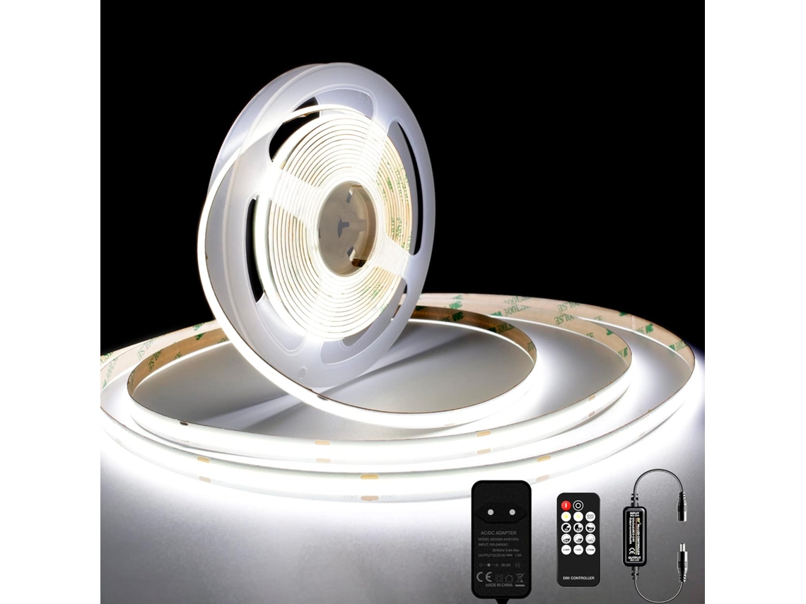 Fita De Led Cob, 10m, 24v Dc, Fita Led Branco Frio (6000k) Com Fonte De Alimentação E Controle Remoto, 384 Leds/m, Cri 93+, 8mm De Largura