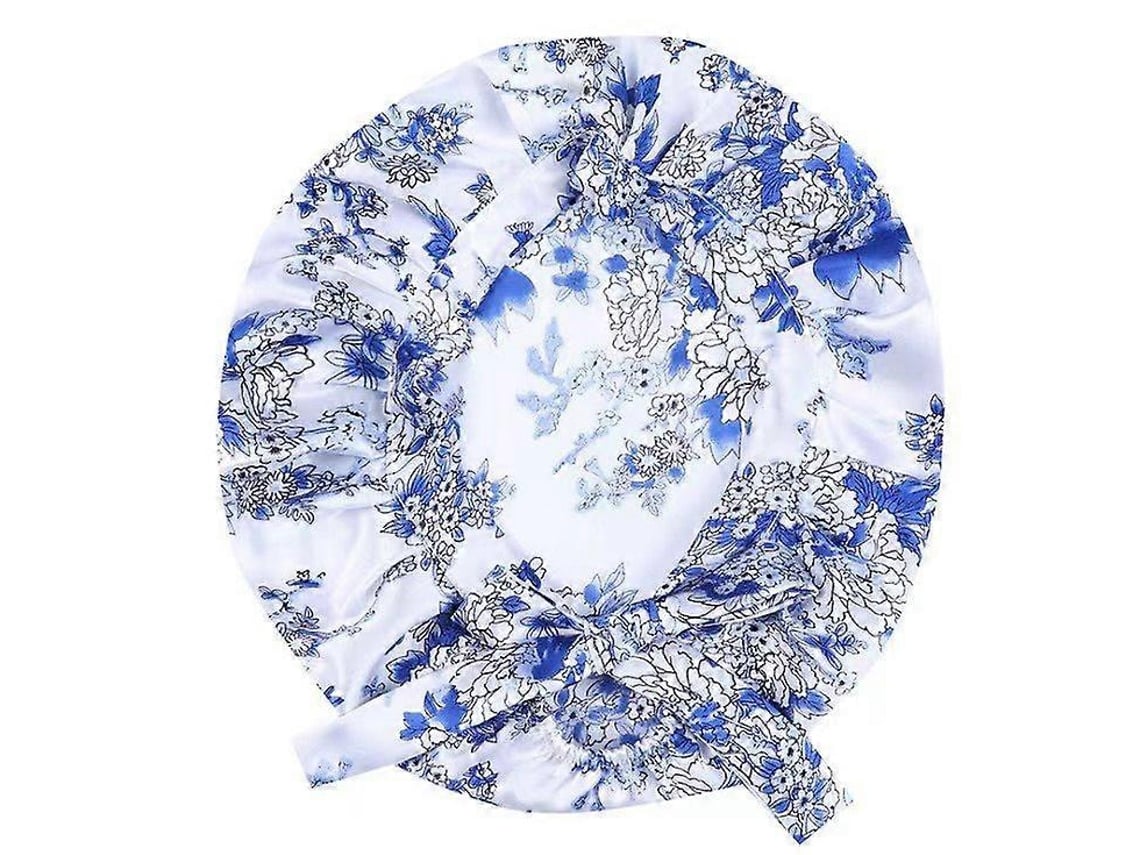 Gorro De Seda Para Dormir Ajustable, Paño De Cabello Bonnet De Seda Pura, Negro Flor Azul