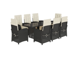 Juego de 9 piezas de comedor de jardín con cojines de mimbre, color negro, EXCLUSIVA DE LA CASA