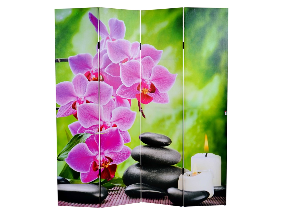 Biombo de 4 paneles con temporizador, diseño orquídea, 180 x 160 cm, 2 LED, 04_0008631