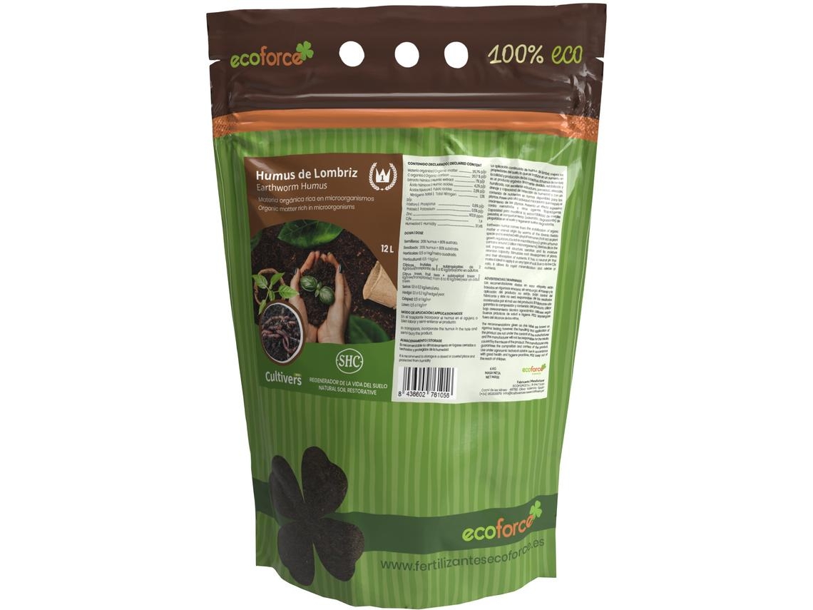 CULTIVERS Humus de Lombriz Ecológico 12 L (6 kg). Abono para Plantas Universal para Huerto, Frutales, Césped y Jardín. Fertilizante Orgánico