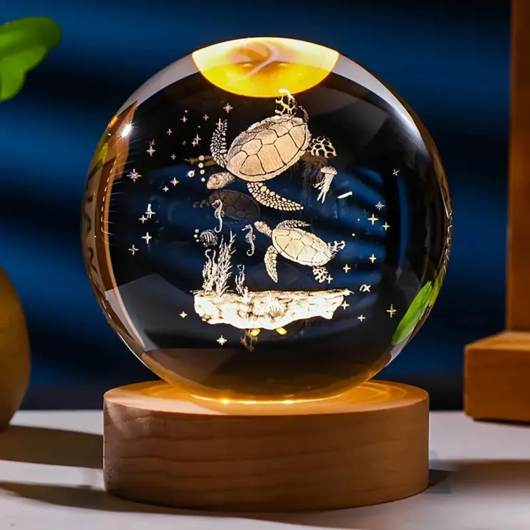 (luz Cálida) Bola De Cristal Con Forma De Tortuga De 6 Cm Grabada Con Láser 3d