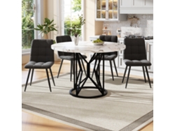 Mesa de comedor redonda de 100x100x76 cm y 4 sillas. Tablero de MDF, estructura de metal y cojines de terciopelo blanco y negro.