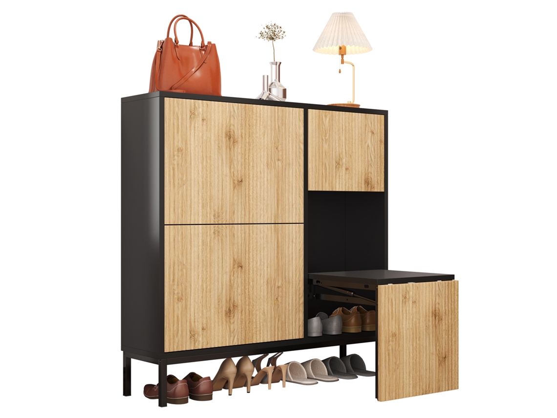 Armario De Ratán Con 4 Puertas, Estante Ajustable Y Patas De Madera.