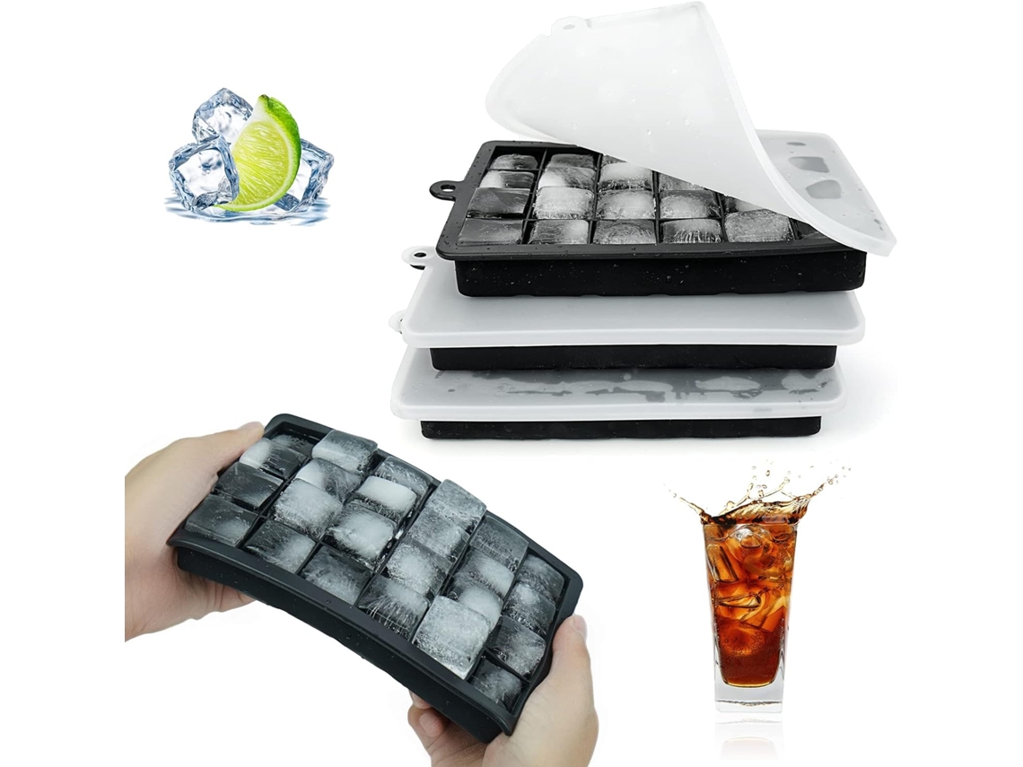 Juego JEIIBRZUI de 3 bandejas de hielo de silicona con 24 cavidades Color negro con tapa