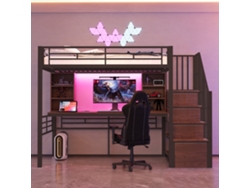 Litera Mezzanine 90x200 Cm, Escritorio Integrado Con Almacenaje, Escalera Segura Con Cajones, Led Multicolor, Enchufe Europeo, Negro